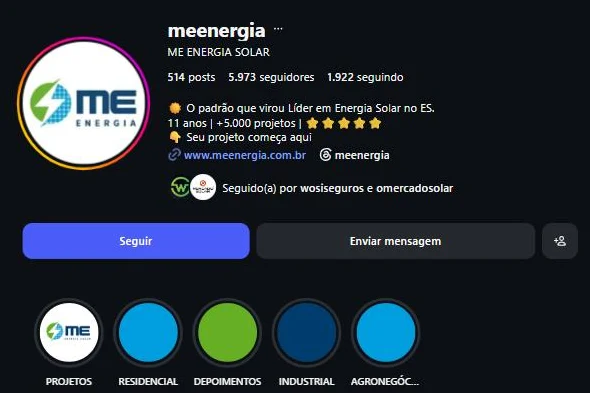 Perfil de ME Energia Solar no Instagram